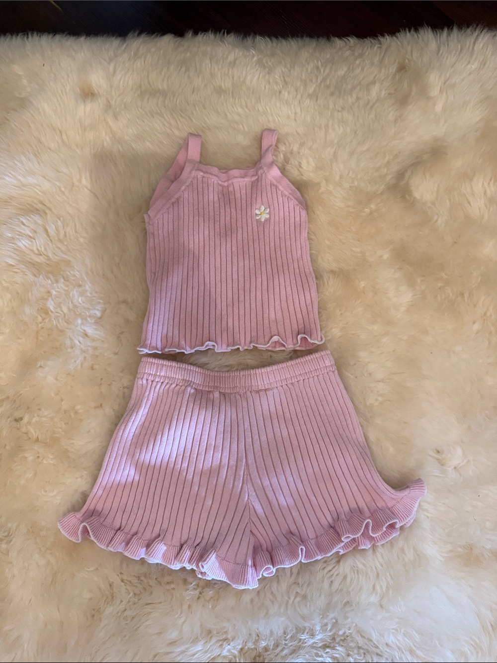 H&M Pink Ribbed Tank & Ruffle Hem Shorts Set